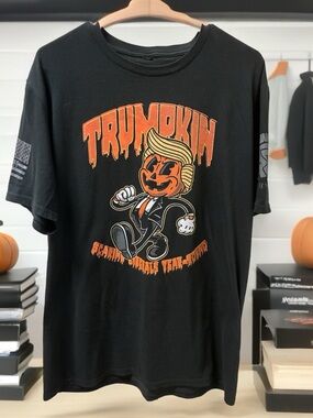 Black Short Sleeve Graphic Tee with Orange Pumpkin Character Trump